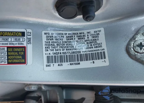 2007 Honda Civic Lx z USA, uszkodzony, nr VIN 1HGFA16577L080200